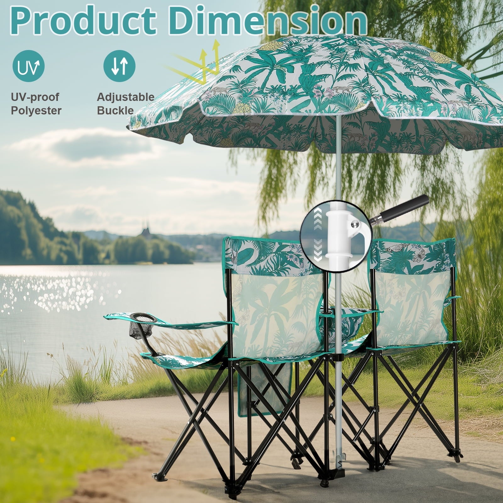 Ktaxon Camping Loveseat Chair, Folding Double Outdoor Chair with Removable Sun Umbrella & Carrying Bag, Double Chairs with Cooler Bag for Lawn Fishing Outdoor, Gray