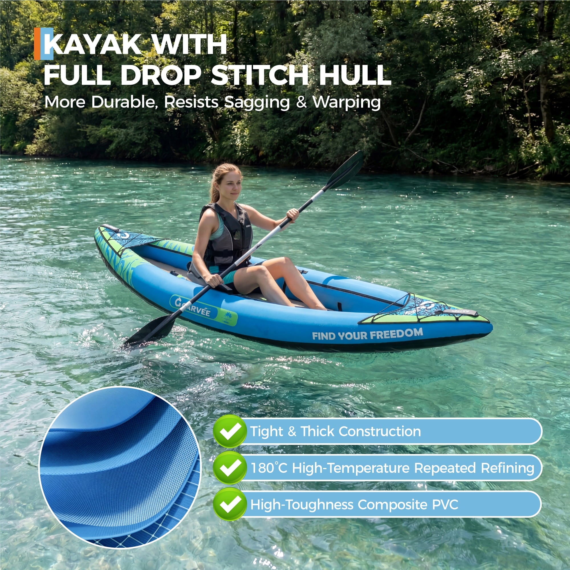 Garvee Inflatable Kayak Set for 1 Person, 118 x 36 x 16, Blue