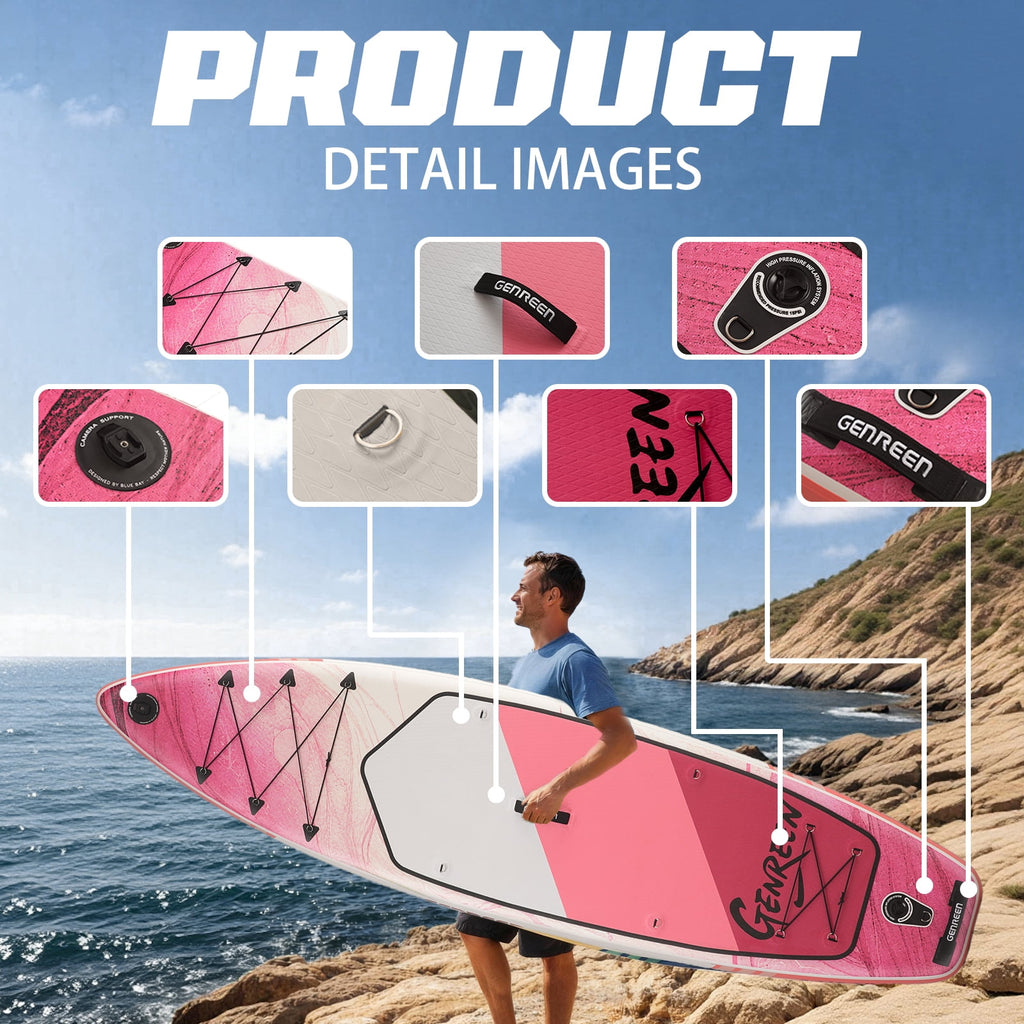 Genreen 11FT Inflatable Stand Up Paddle Board，Wide Sup with Premium Accessories, Fishing Blow Up Paddleboard for Youth & Adults