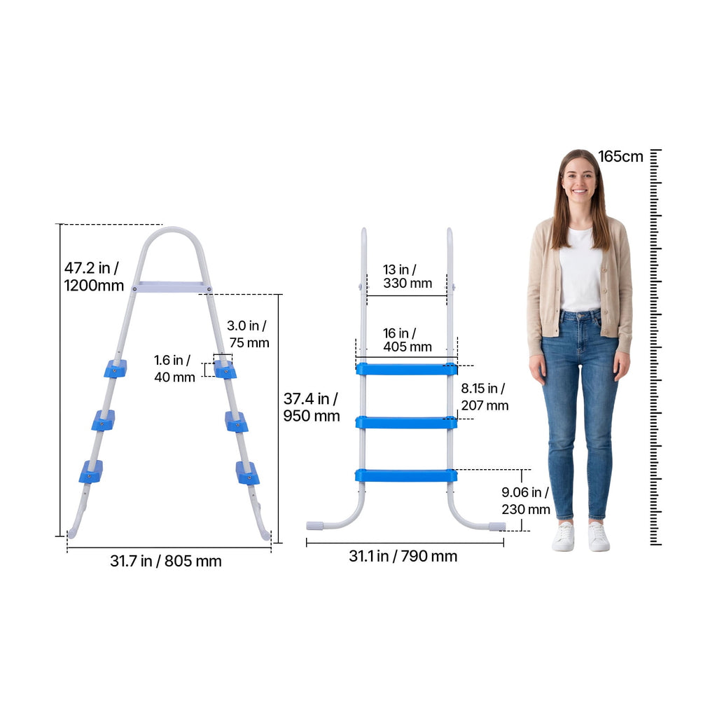 KFFKFF 4-Step Steel A-Frame Pool Ladder for Above-Ground Pools, Designed for 48-Inch Walls, 300 lbs Weight Capacity, Non-Slip Wide Steps, Easy Assembly, Gray and White