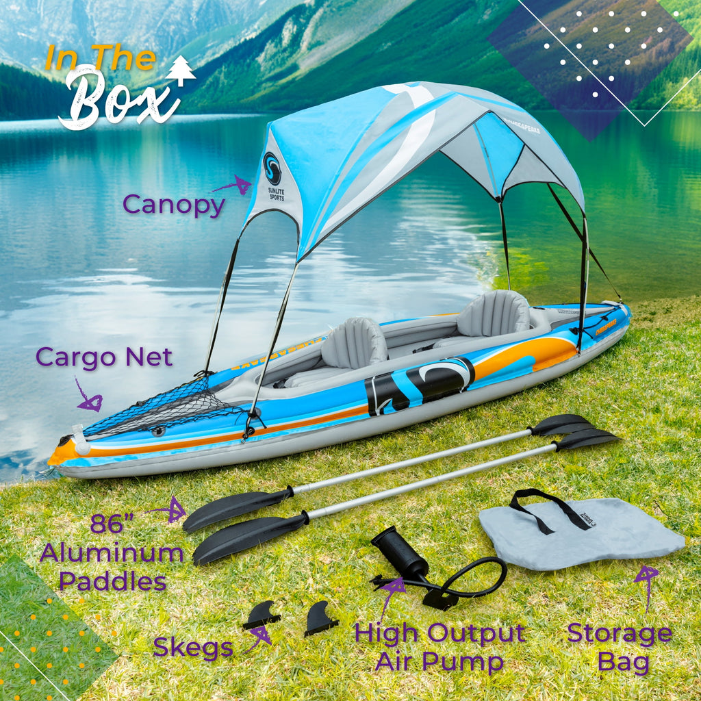 Sunlite Sports Tandem Inflatable Kayak with Canopy and Pump for Lakes & Rivers