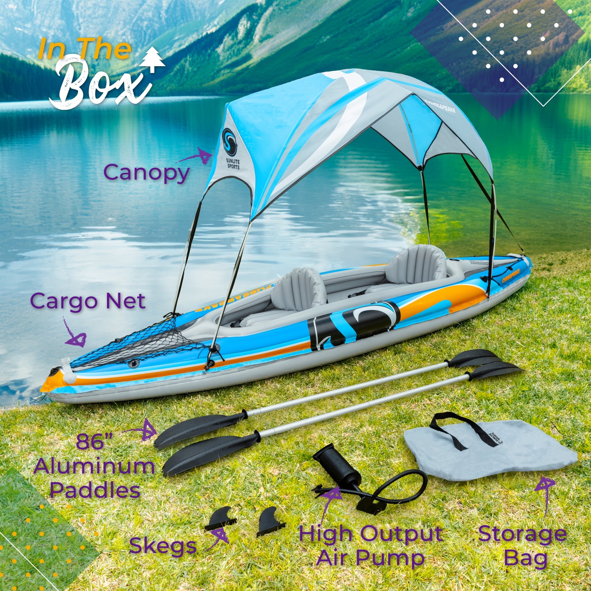 Sunlite Sports Tandem Inflatable Kayak with Canopy and Pump for Lakes & Rivers