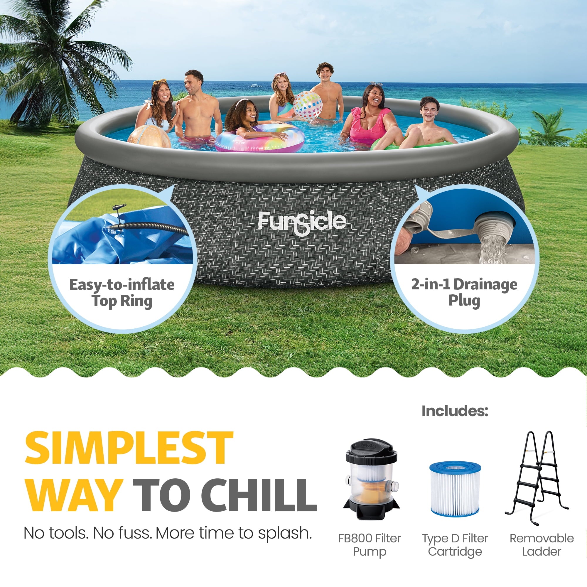 Funsicle Quickset 14’ x 36” Round Inflatable Top Ring Above Ground Swimming Pool Set