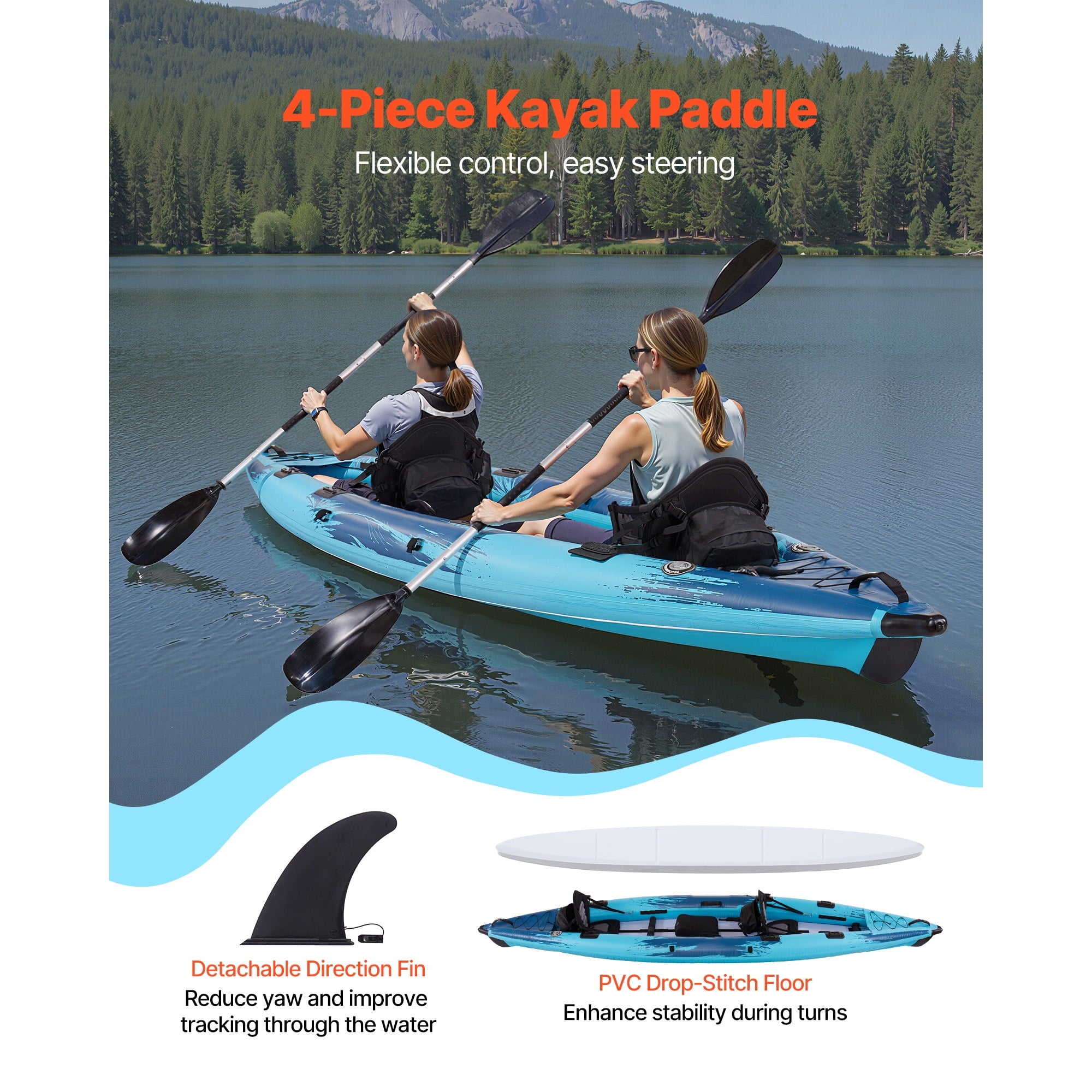 KFFKFF 2-Person Inflatable Kayak, 700LBS Capacity, Durable & Leak-Resistant Design with Padded Seats, PVC Drop-Stitch Floor, Dual Paddles, Hand Pump, and Carry Bag for Fishing and Camping