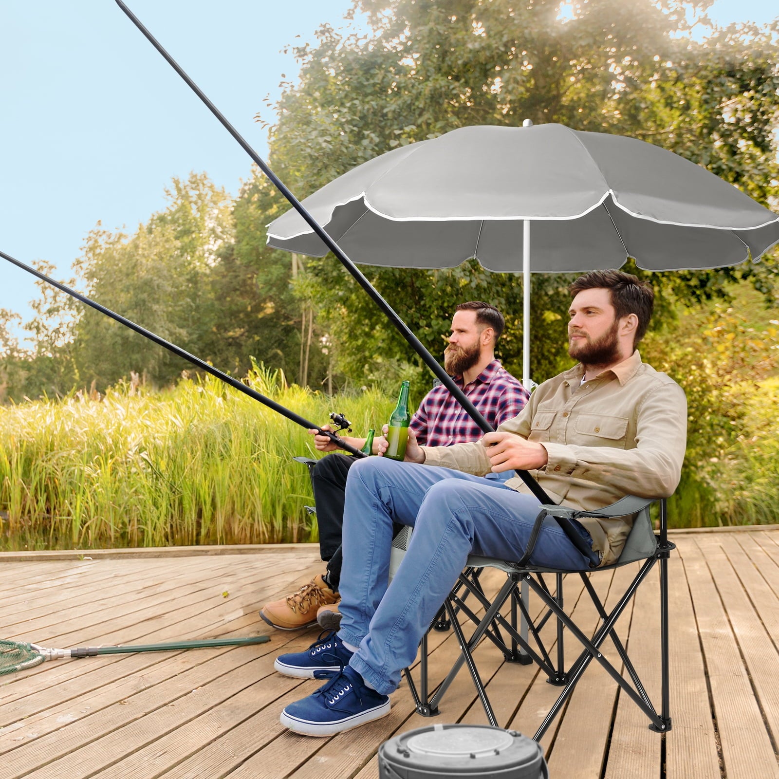 Ktaxon Camping Loveseat Chair, Folding Double Outdoor Chair with Removable Sun Umbrella & Carrying Bag, Double Chairs with Cooler Bag for Lawn Fishing Outdoor, Gray