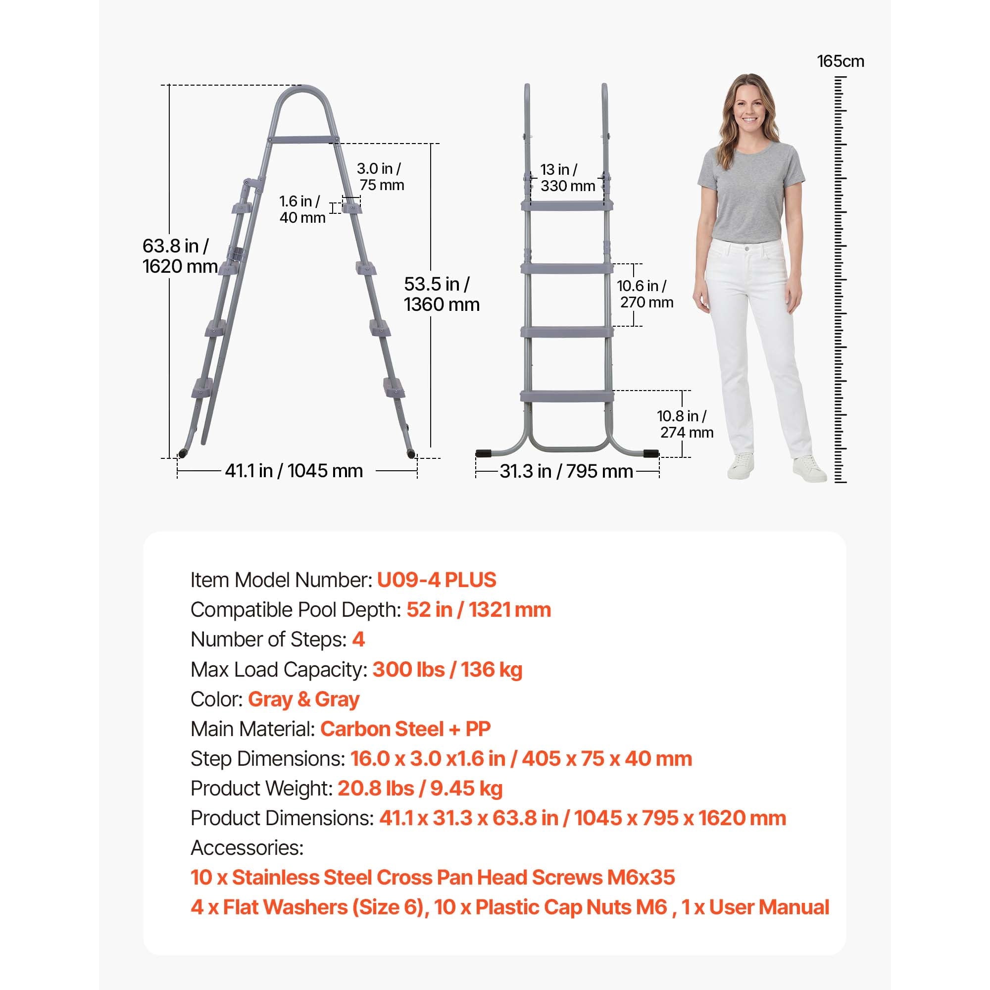 KFFKFF 4-Step Steel A-Frame Pool Ladder for Above-Ground Pools, Designed for 48-Inch Walls, 300 lbs Weight Capacity, Non-Slip Wide Steps, Easy Assembly, Gray and White
