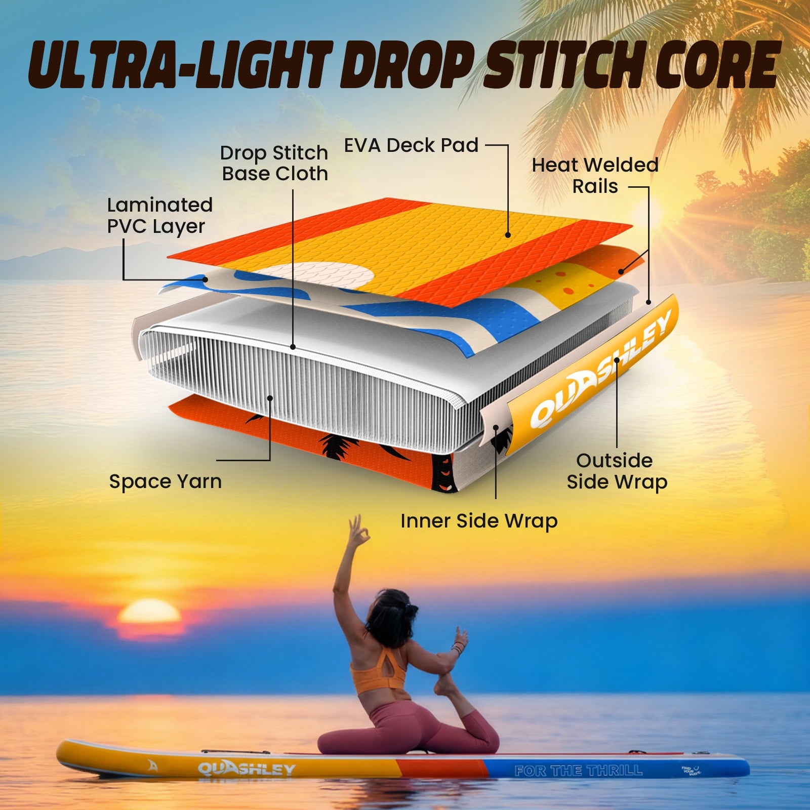 Quashley Inflatable Paddle Board 11' x 34 Wide All-Around SUP with Paddle, Pump, Backpack & Leash