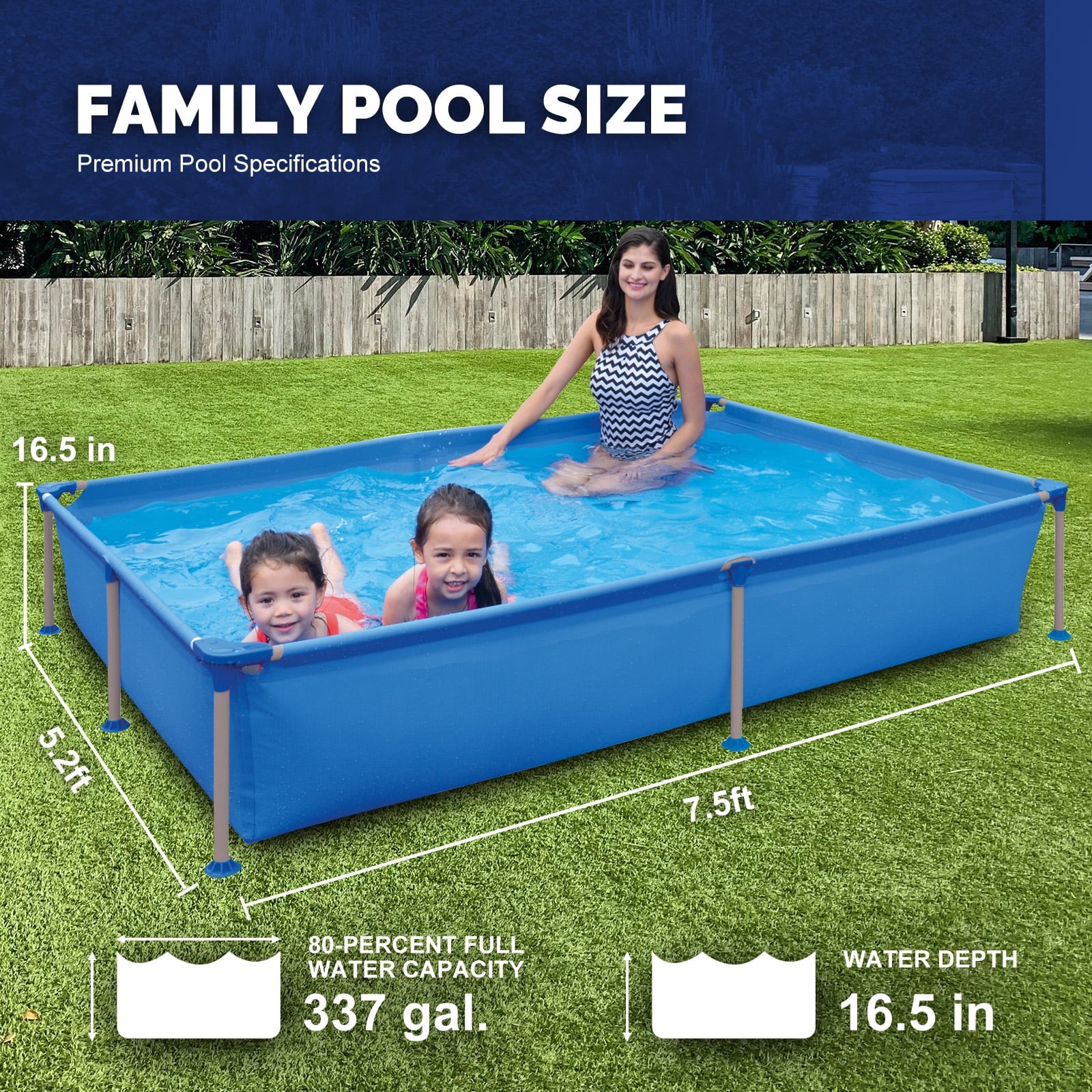 Honeydrill 6.2ft x 4.2ft x 16.5in Rectangular Metal Frame Above Ground Swimming Pool for Family, Blue