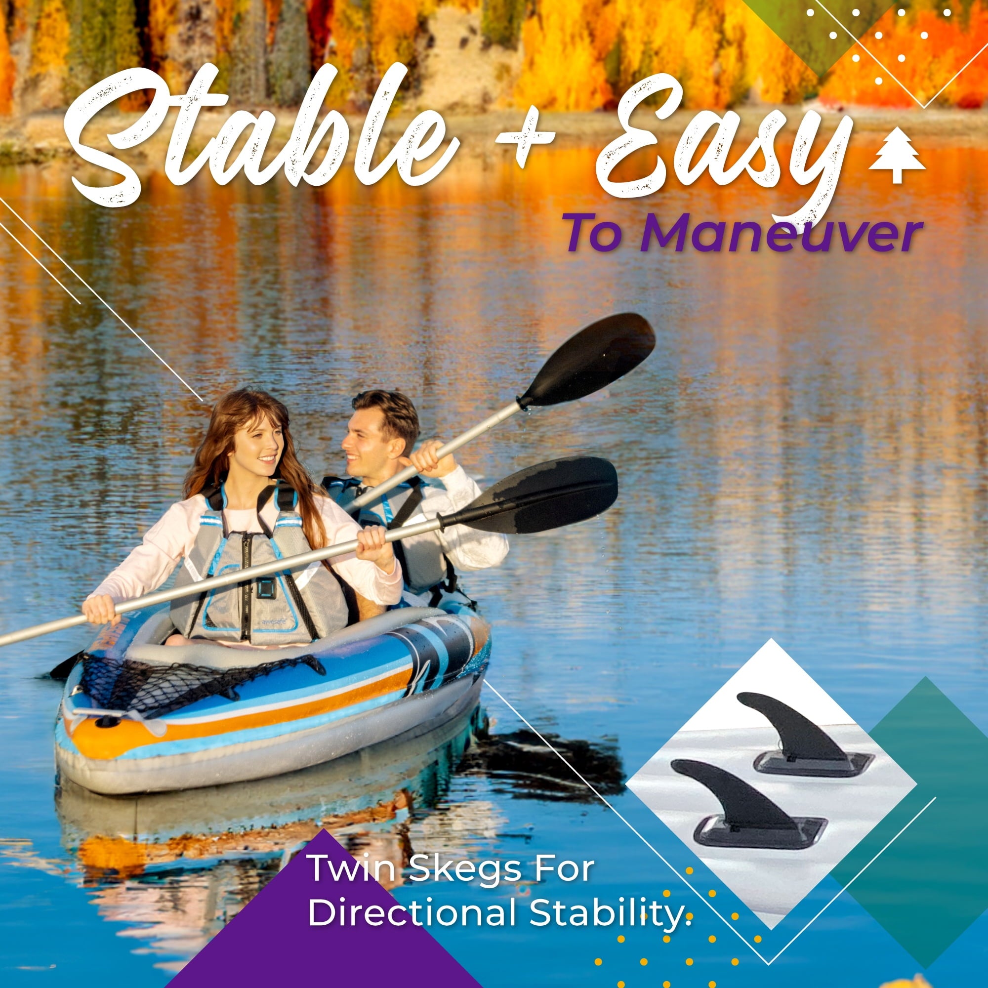 Sunlite Sports Tandem Inflatable Kayak with Canopy and Pump for Lakes & Rivers