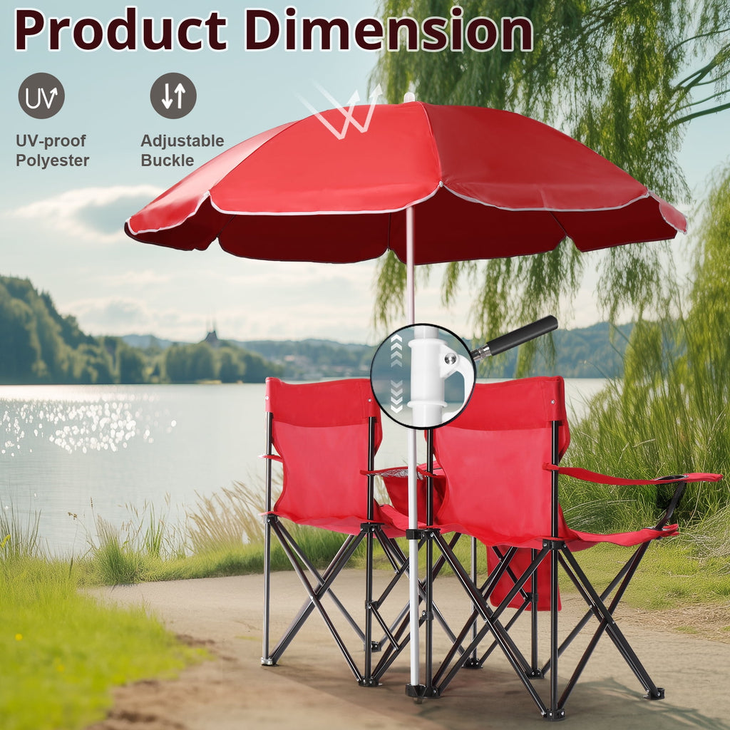 Ktaxon Camping Loveseat Chair, Folding Double Outdoor Chair with Removable Sun Umbrella & Carrying Bag, Double Chairs with Cooler Bag for Lawn Fishing Outdoor, Gray