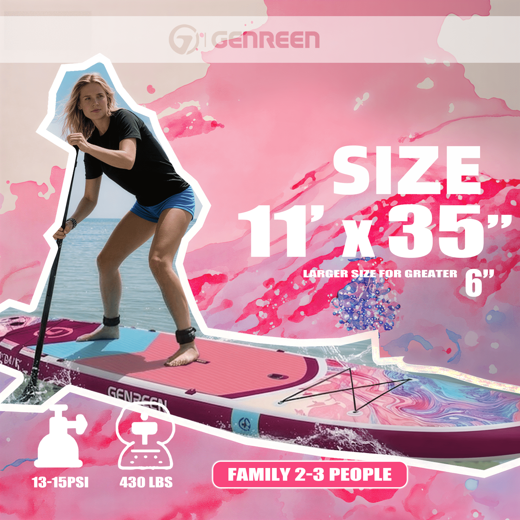 Genreen 11’ Inflatable Stand Up Paddle Board with SUP Accessories, Fishing Paddle Board for Youth & Adults of All Skill Levels