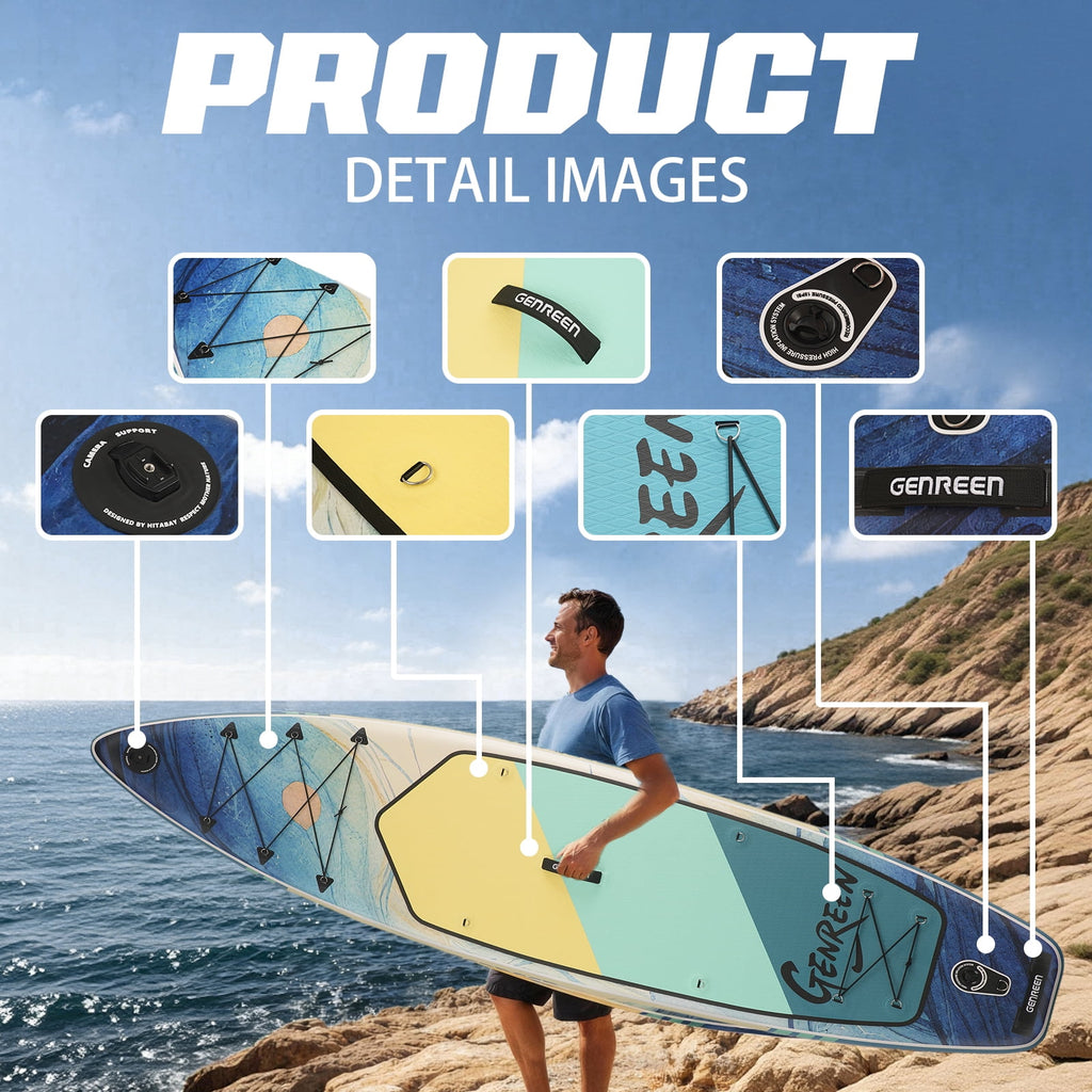 Genreen 11FT Inflatable Stand Up Paddle Board，Wide Sup with Premium Accessories, Fishing Blow Up Paddleboard for Youth & Adults