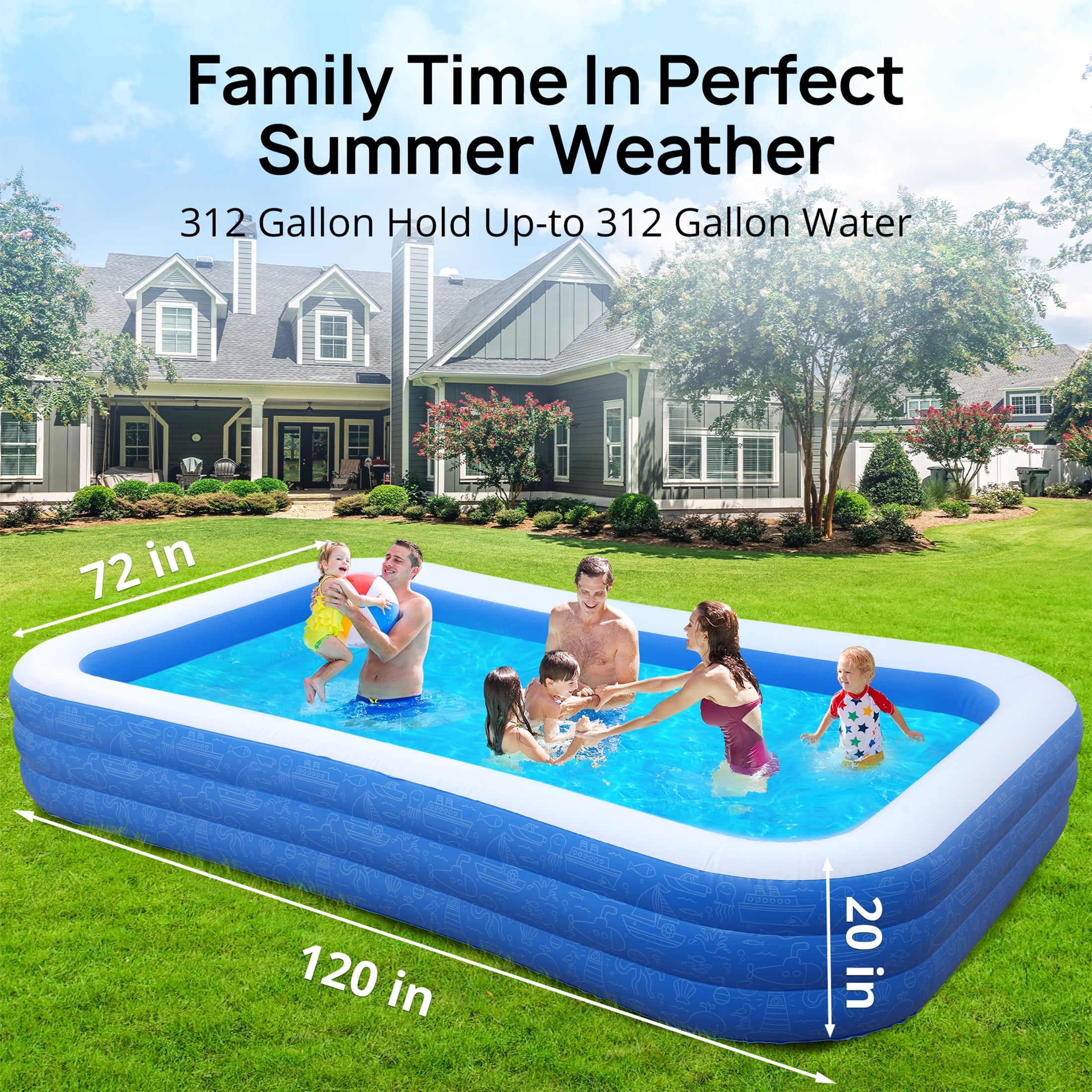 Inflatable Pool for Kids and Adults, 120 X 72 X 22 Oversized Thickened Family Swimming Pool for Toddlers, Outdoor, Garden, Backyard, Summer Water Party