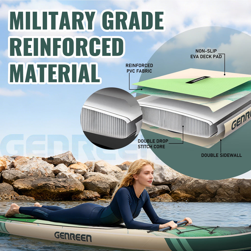 Genreen 11FT Inflatable Stand Up Paddle Board，Wide Sup with Premium Accessories, Fishing Blow Up Paddleboard for Youth & Adults