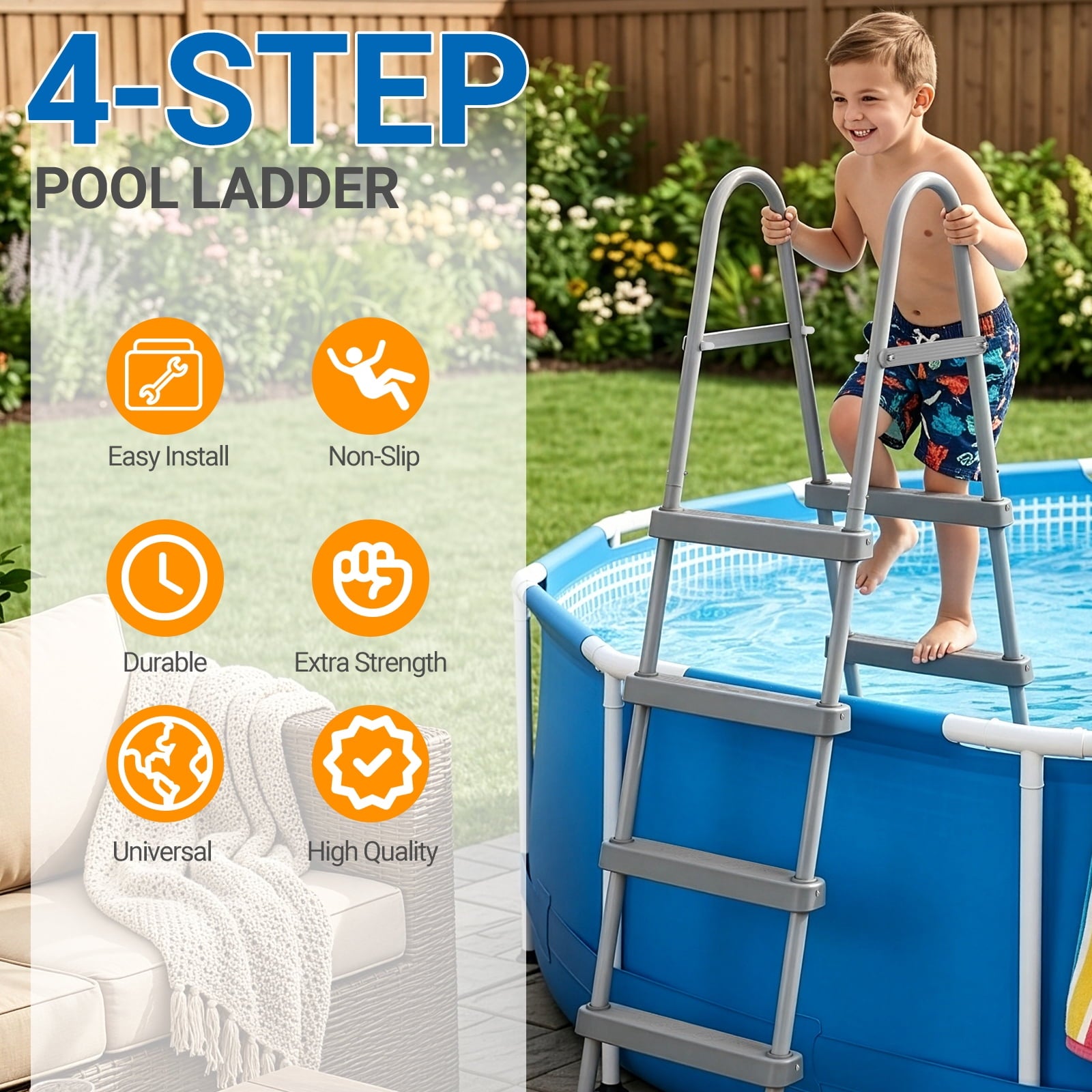 Ktaxon 52 4Step Steel Frame Above Ground Swimming Pool Ladder,Heavy Duty Double Sided Removable Pool Steps with Ladder Escape