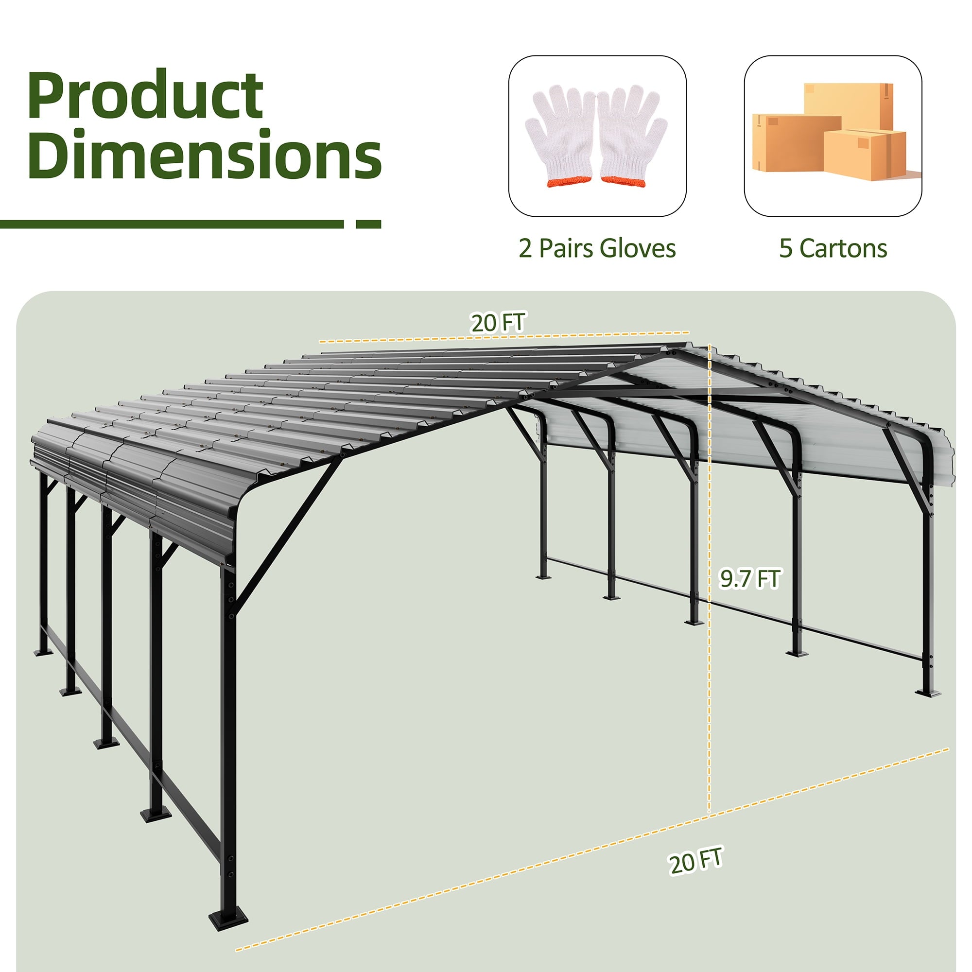 Walsunny 12X20 FT Carport, Outdoor Heavy Duty Carport Canopy with Galvanized Steel Roof, Metal Carport Extra Large Garage Car Storage Shelter, Gray