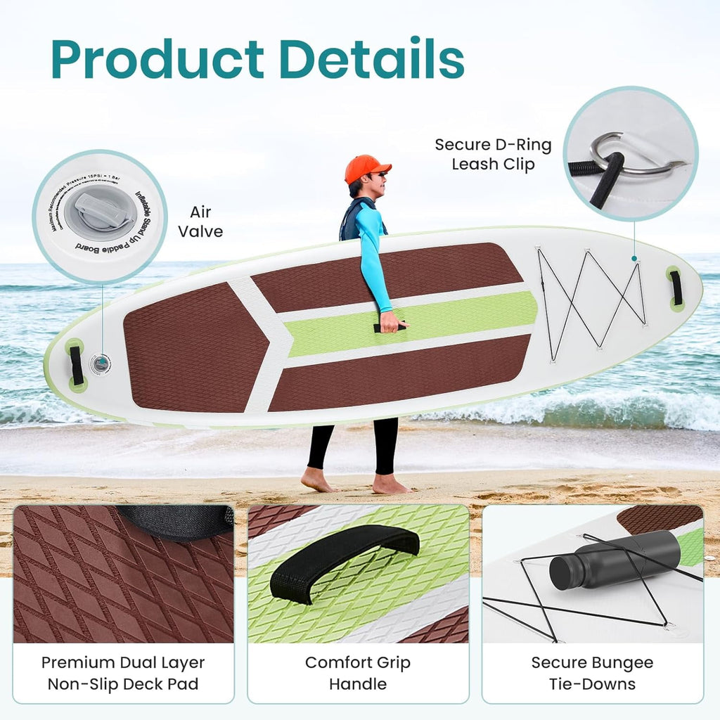 CONCETTA Inflatable Paddle Board,Equipped With SUP Paddle Board Accessories, The Non-slip EVA Deck Design Restarts The Surfboard,Surfboard for Youth&Adults of All Skill Levels，Brown Green