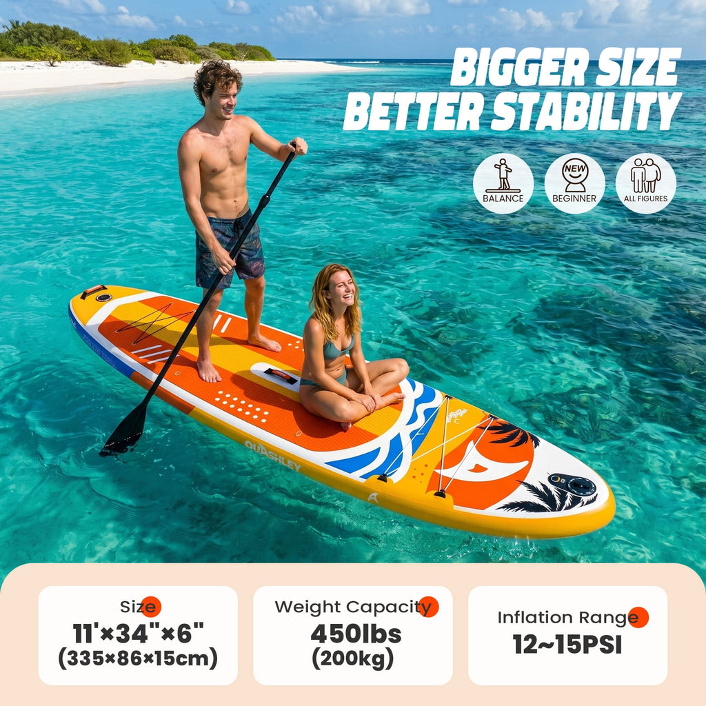 Quashley Inflatable Paddle Board 11' x 34 Wide All-Around SUP with Paddle, Pump, Backpack & Leash