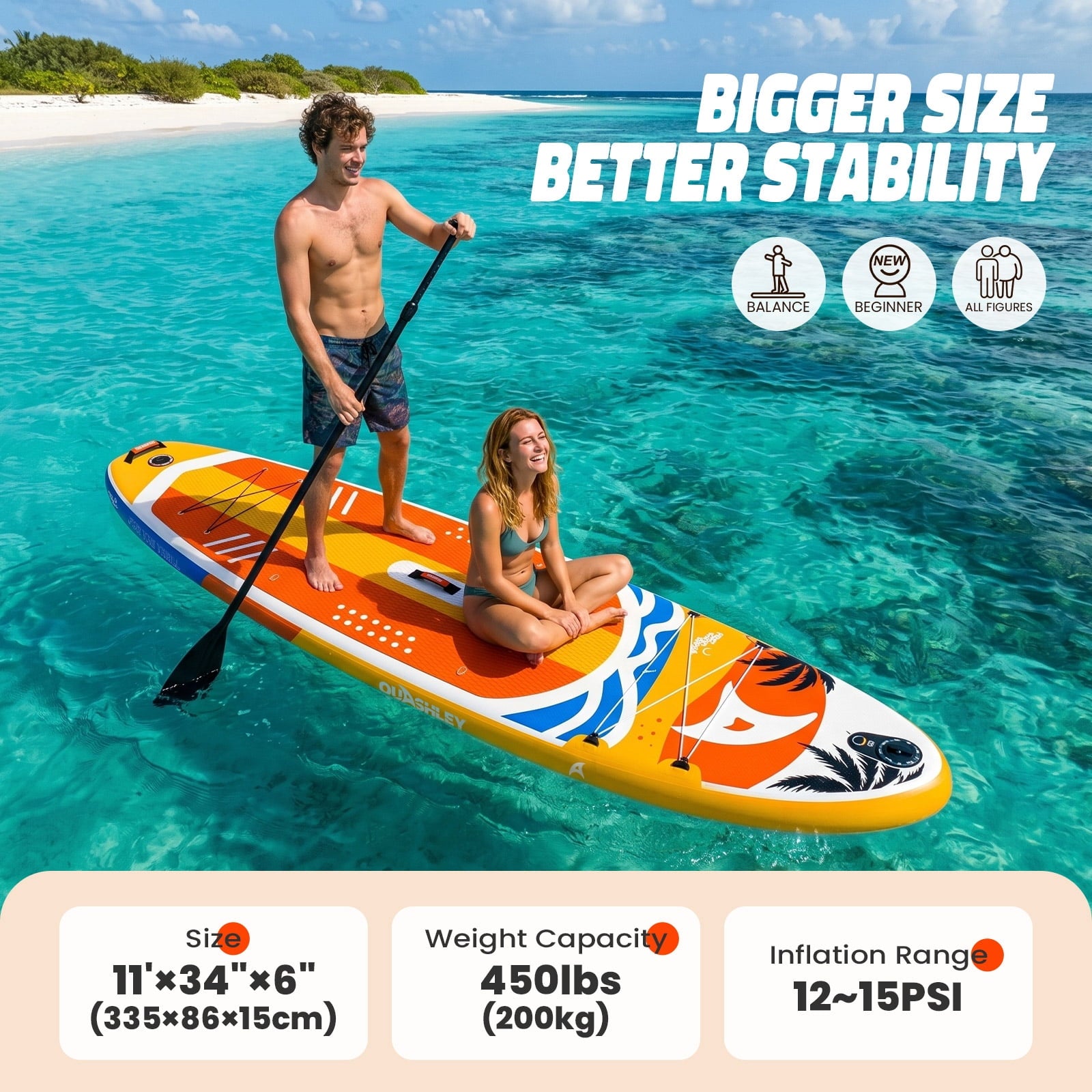 Quashley Inflatable Paddle Board 11' x 34 Wide All-Around SUP with Paddle, Pump, Backpack & Leash
