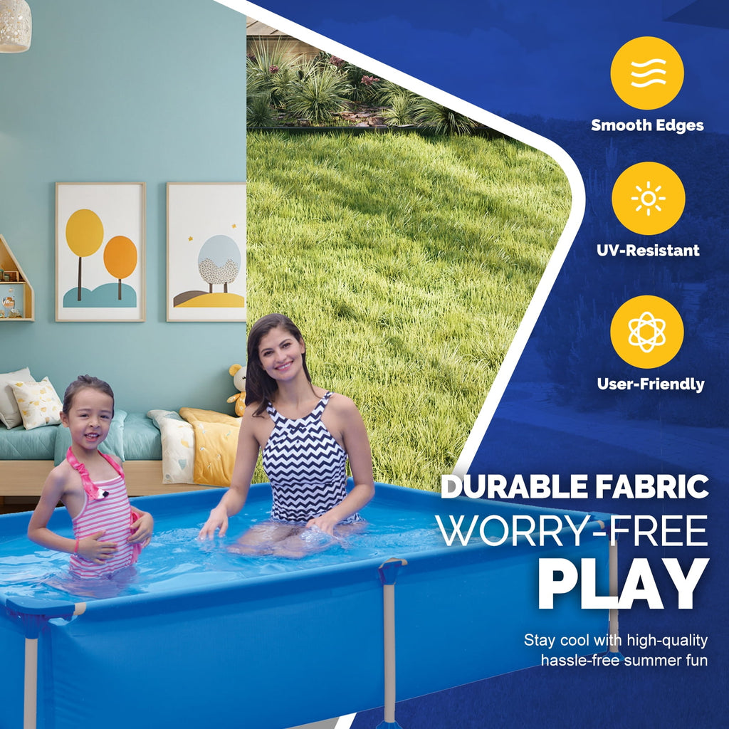 Honeydrill 6.2ft x 4.2ft x 16.5in Rectangular Metal Frame Above Ground Swimming Pool for Family, Blue
