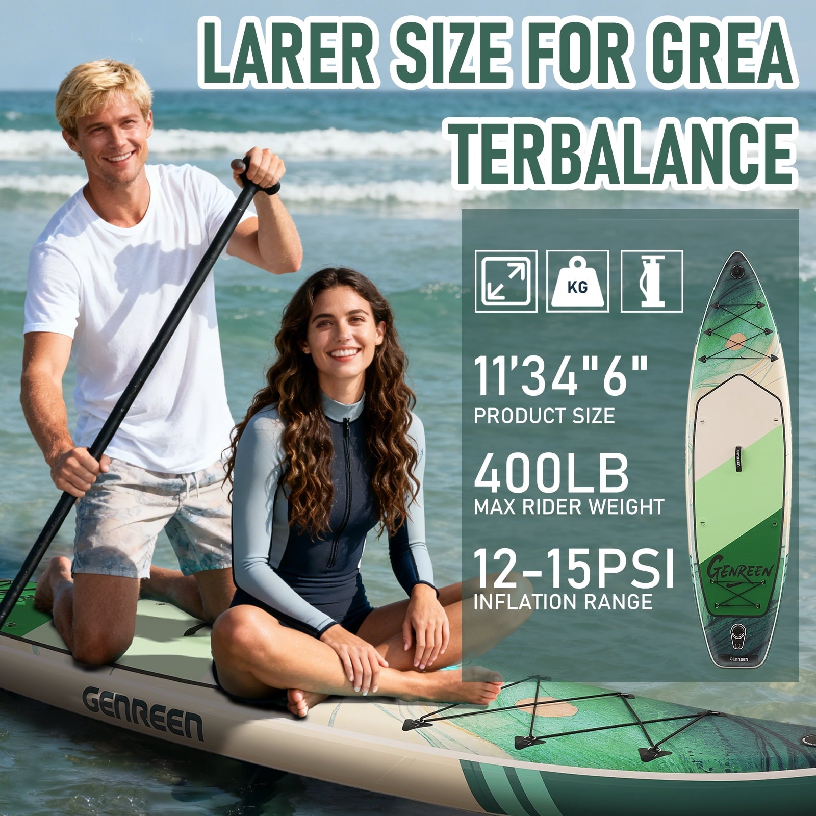 Genreen 11FT Inflatable Stand Up Paddle Board，Wide Sup with Premium Accessories, Fishing Blow Up Paddleboard for Youth & Adults