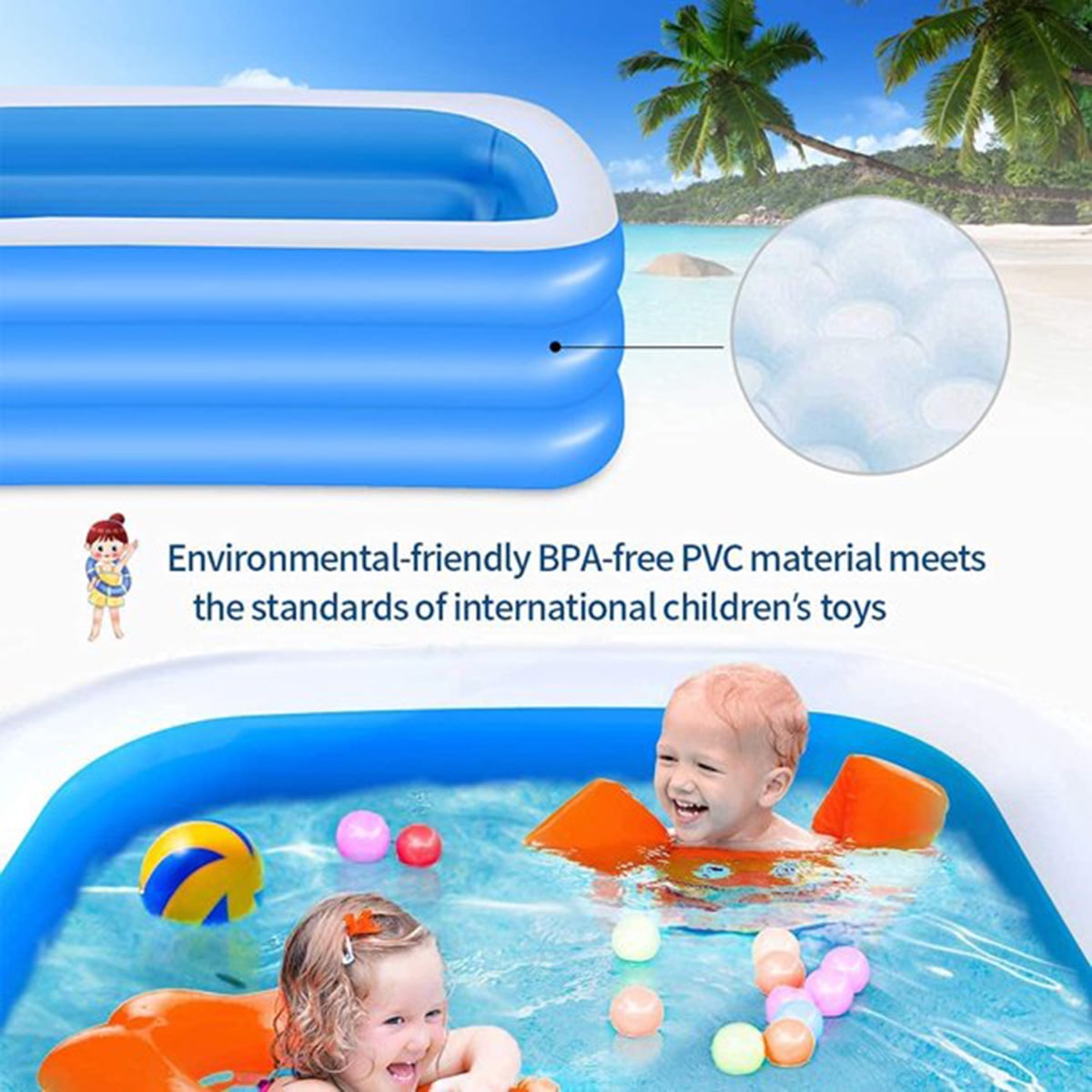 MoonSun Inflatable Pools Kiddie Pool, 71 x 47 x 24 Indoor Rectangle Swimming Pool for Kids, Toddlers, Infant, 3 Layers