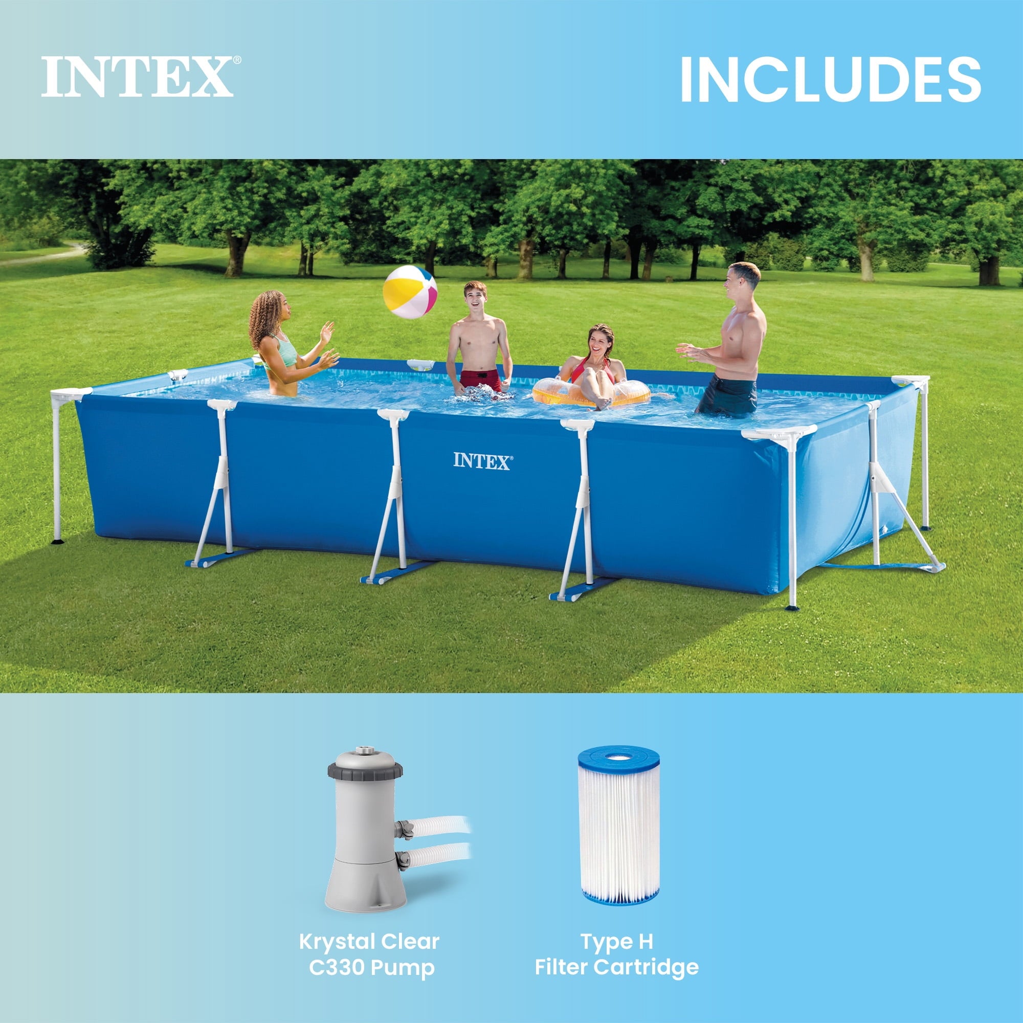 INTEX Rectangular Frame 14ft x 33in Above Ground Swimming Pool w/ Pump