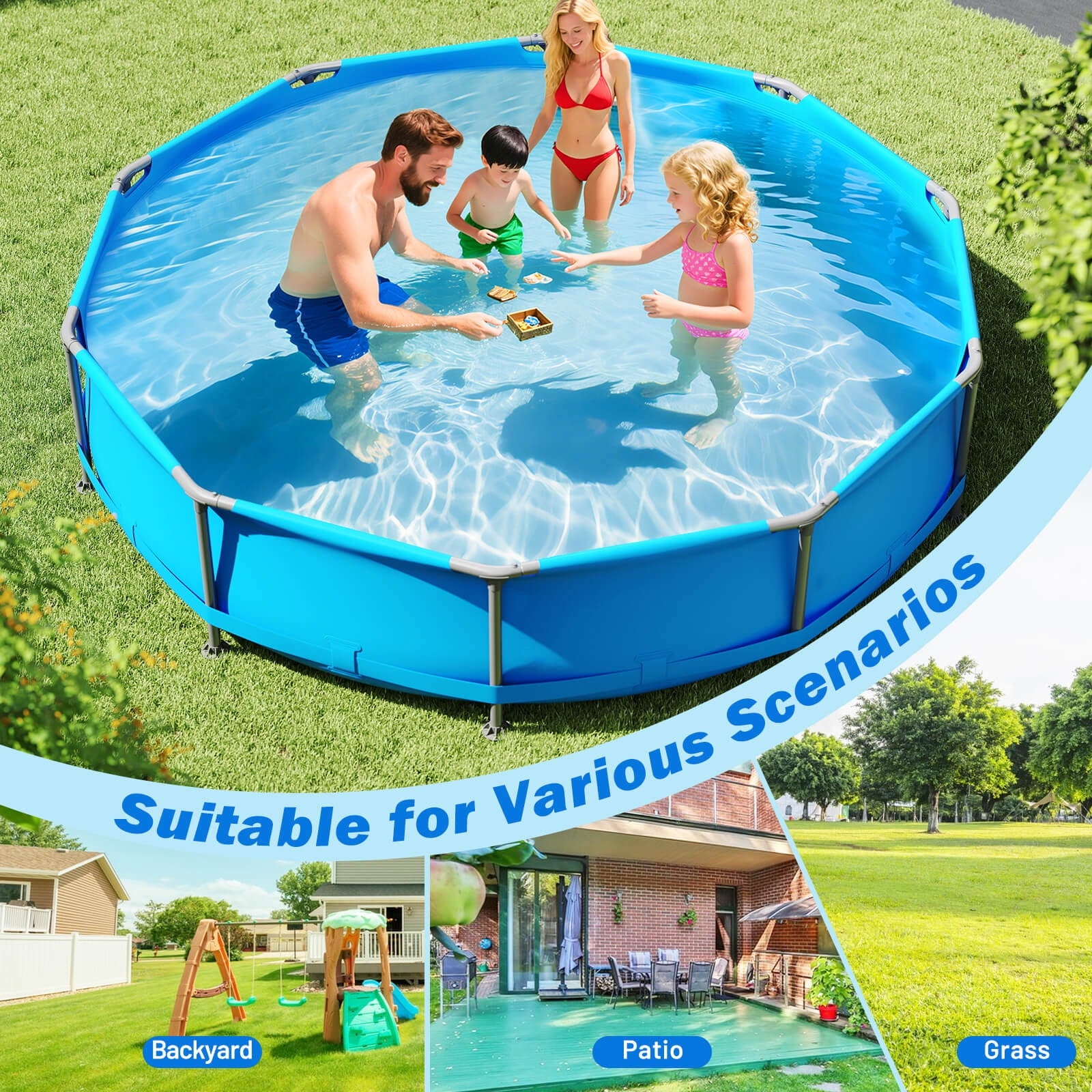 Costway 1617 Gal Outdoor Family Swimming Pool with Metal Frame Multi-layer PVC Fabric