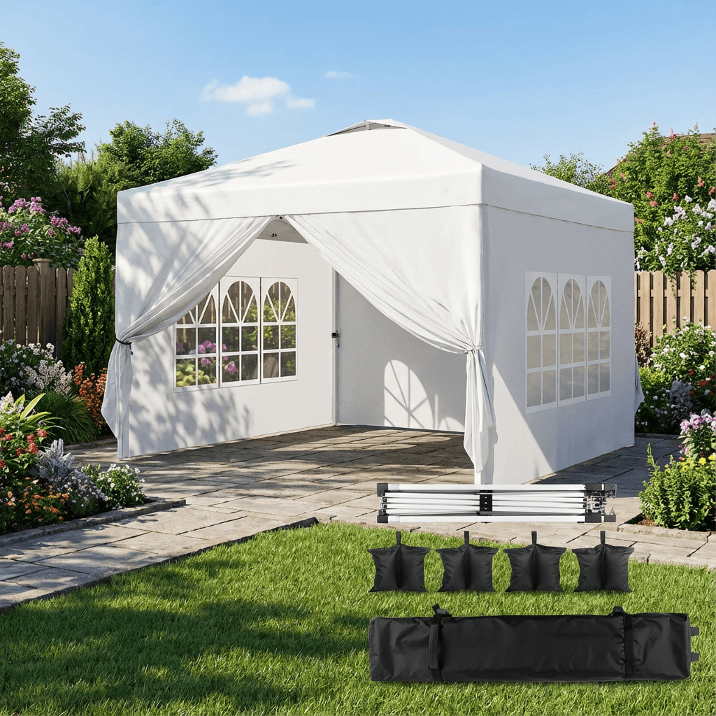 10x10 Pop-Up Canopy Tent with Removable Walls, 3 Height Adjustable Easy Set up Portable Gazebo, For Camping, White