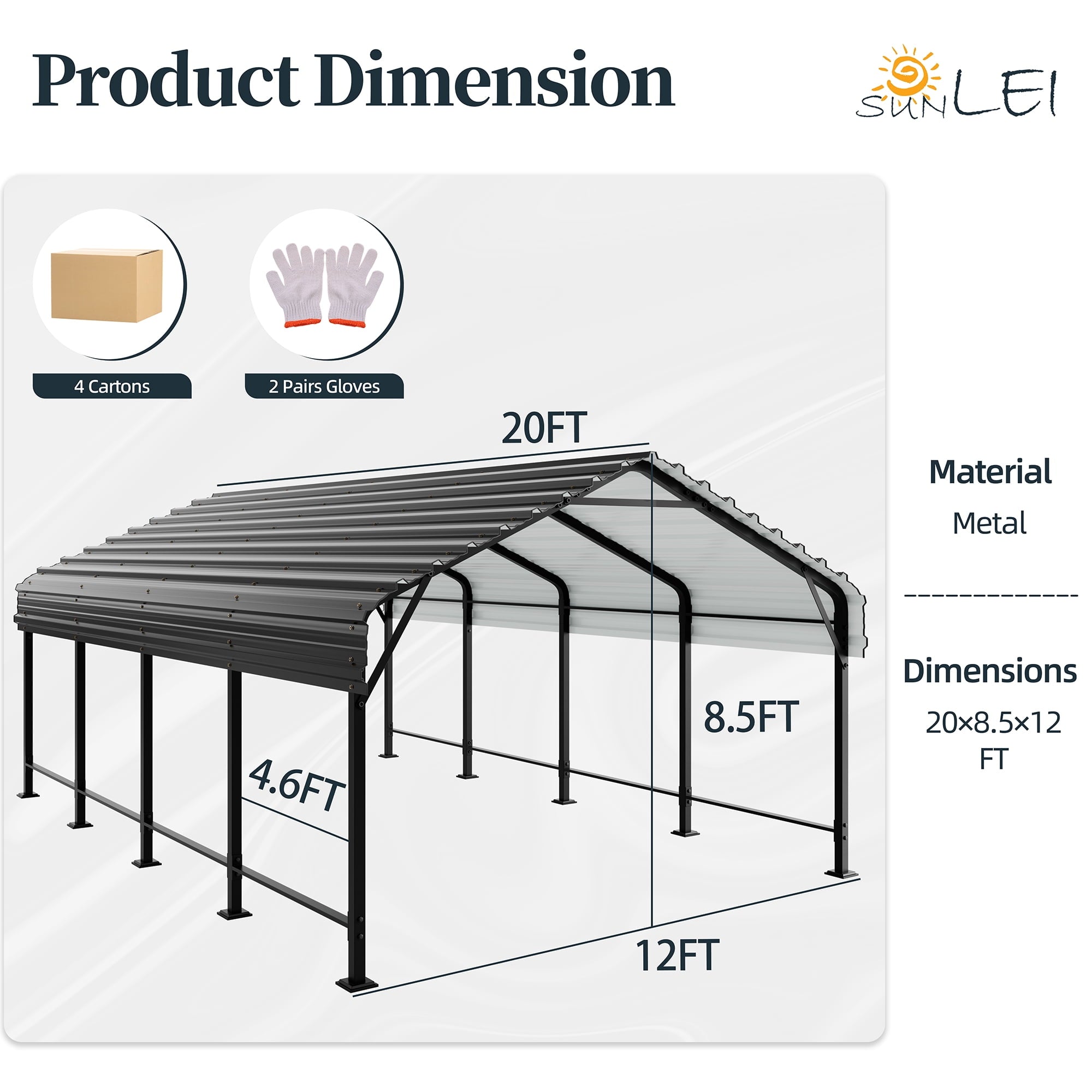 Walsunny 12X20 FT Carport, Outdoor Heavy Duty Carport Canopy with Galvanized Steel Roof, Metal Carport Extra Large Garage Car Storage Shelter, Gray