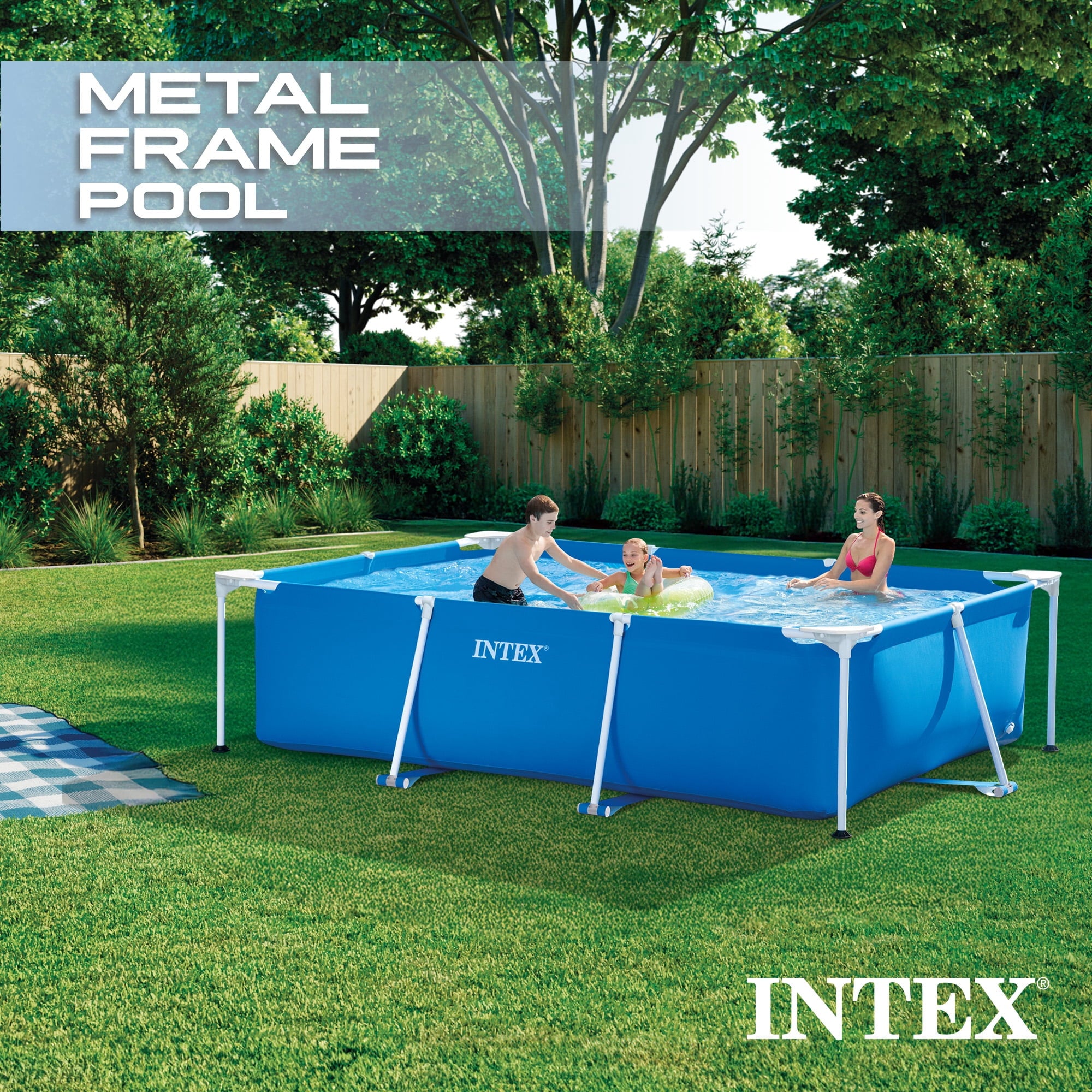 INTEX Rectangular Frame 9ft 10in x 29.5 Above Ground Swimming Pool with Flow Control Valve