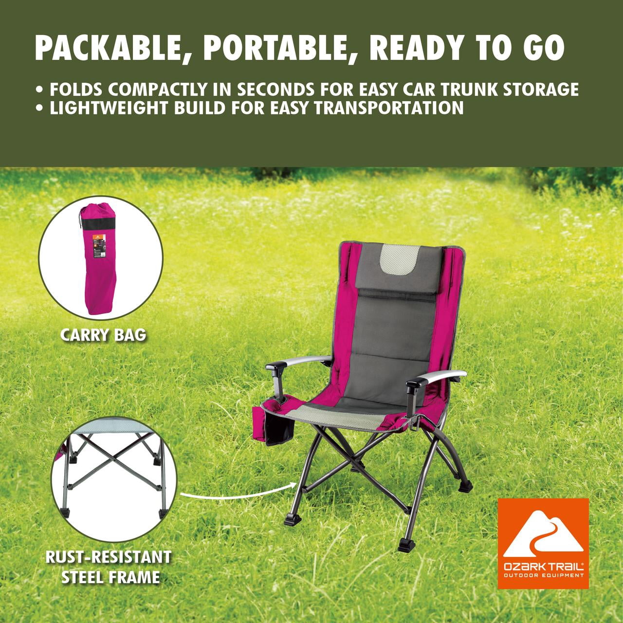 Ozark Trail High Back Camping Chair, Pink with Cupholder, Pocket, and Headrest, Adult