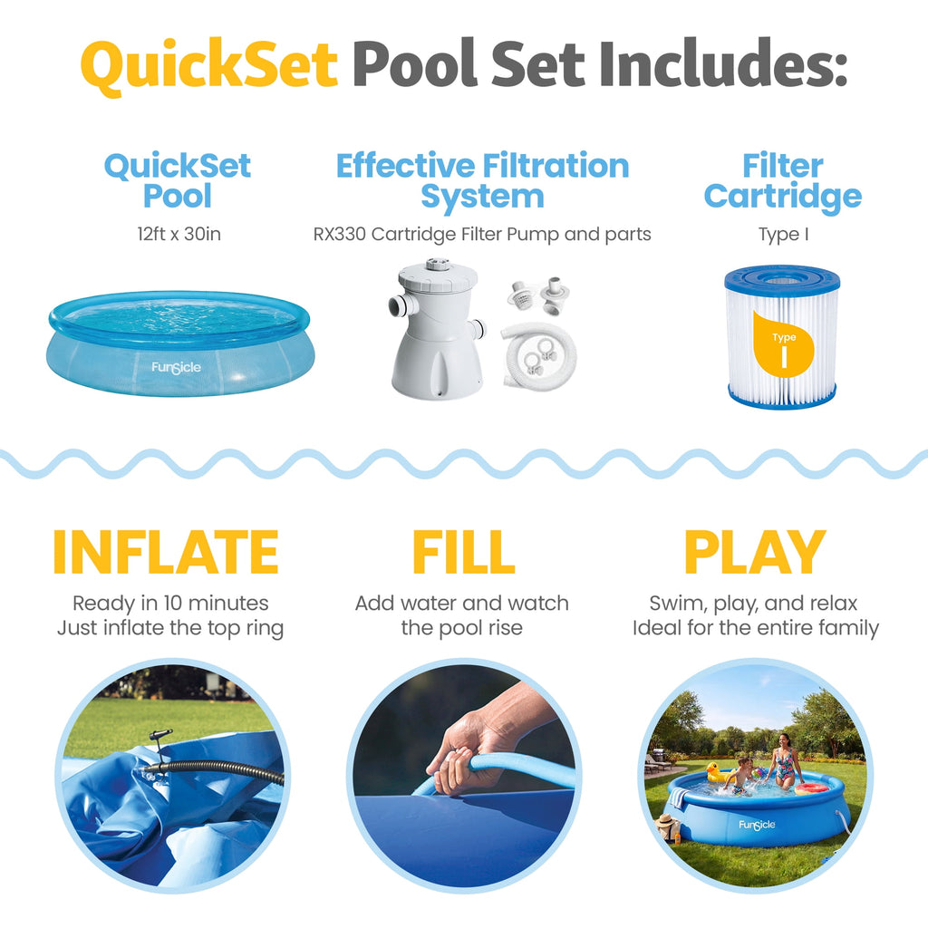 Funsicle 12ft x 30in Round Sea-Thru QuickSet Above Ground Pool with Cartridge Filter Pump, Age 6 & up