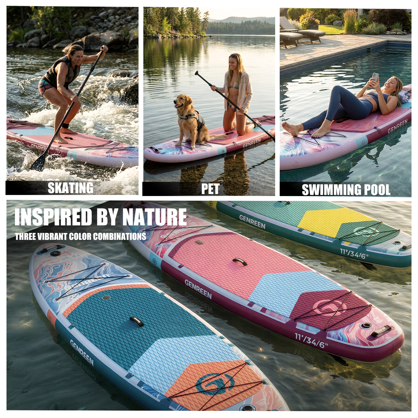 Genreen 11’ Inflatable Stand Up Paddle Board with SUP Accessories, Fishing Paddle Board for Youth & Adults of All Skill Levels