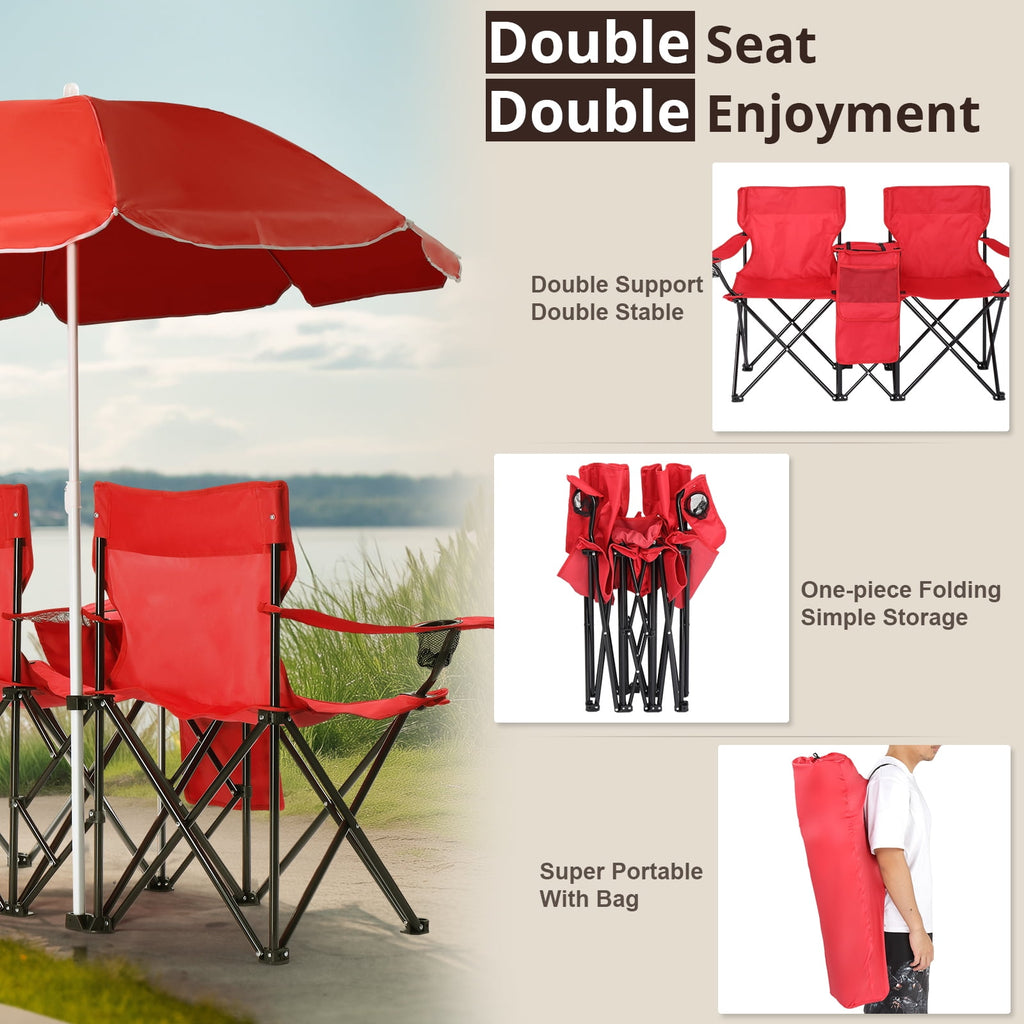 Ktaxon Camping Loveseat Chair, Folding Double Outdoor Chair with Removable Sun Umbrella & Carrying Bag, Double Chairs with Cooler Bag for Lawn Fishing Outdoor, Gray