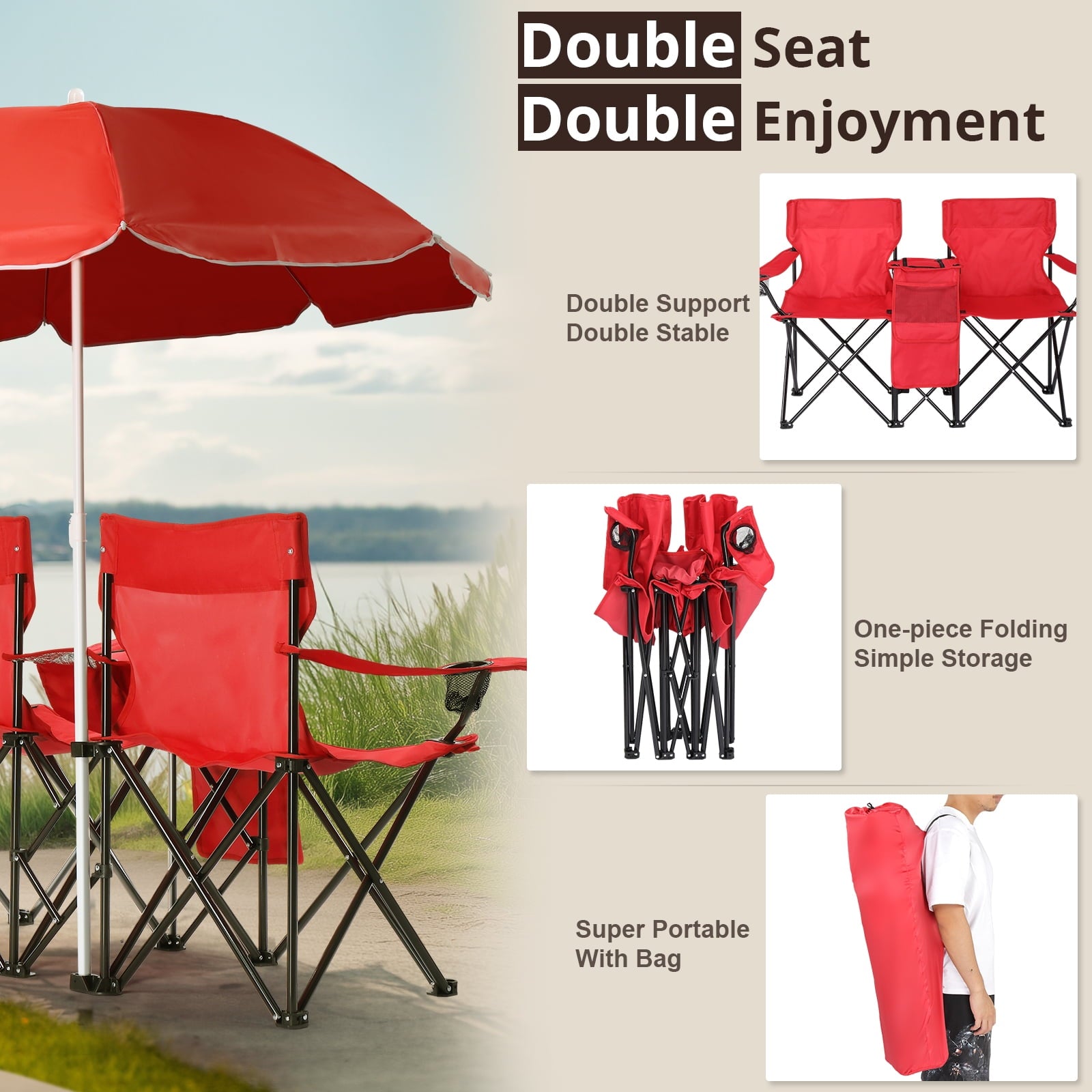 Ktaxon Camping Loveseat Chair, Folding Double Outdoor Chair with Removable Sun Umbrella & Carrying Bag, Double Chairs with Cooler Bag for Lawn Fishing Outdoor, Gray