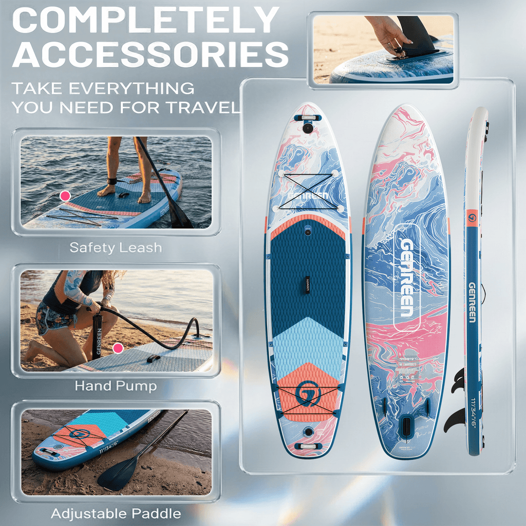 Genreen 11’ Inflatable Stand Up Paddle Board with SUP Accessories, Fishing Paddle Board for Youth & Adults of All Skill Levels
