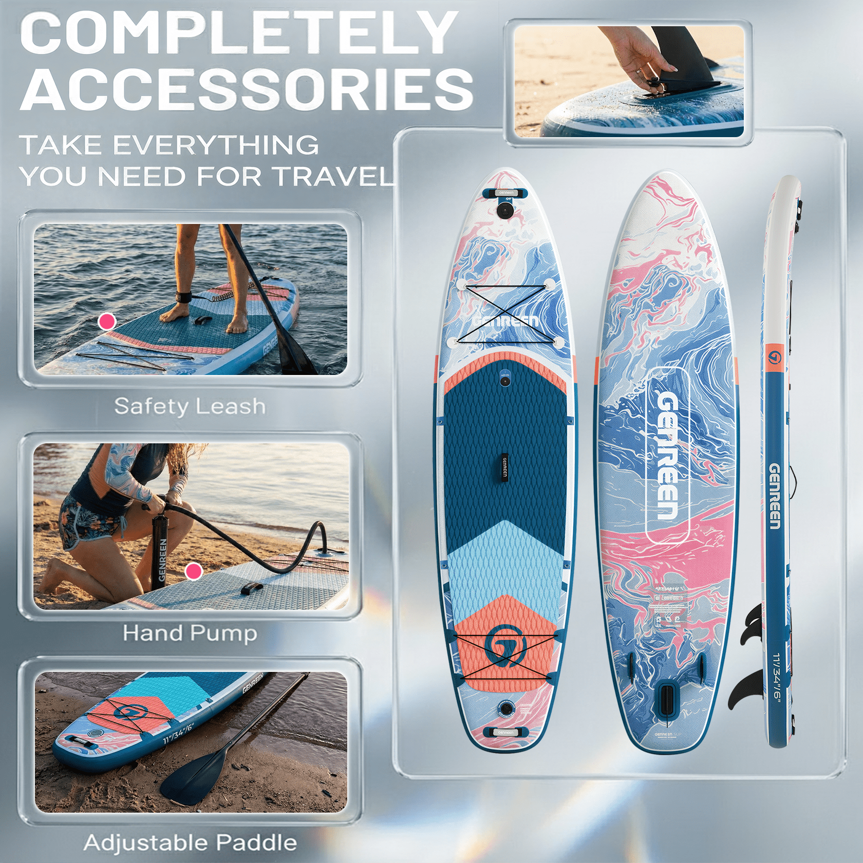 Genreen 11’ Inflatable Stand Up Paddle Board with SUP Accessories, Fishing Paddle Board for Youth & Adults of All Skill Levels