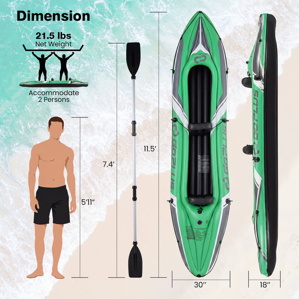Goplus Inflatable Kayak 2 Person, Heavy Duty Tandem Touring Kayak with Aluminum Paddles Green + Black