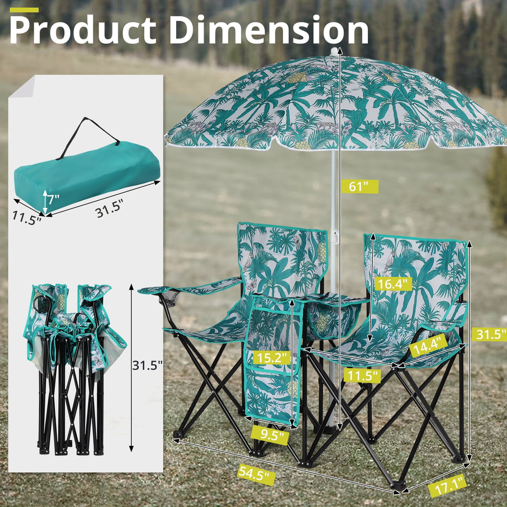 Ktaxon Camping Loveseat Chair, Folding Double Outdoor Chair with Removable Sun Umbrella & Carrying Bag, Double Chairs with Cooler Bag for Lawn Fishing Outdoor, Gray